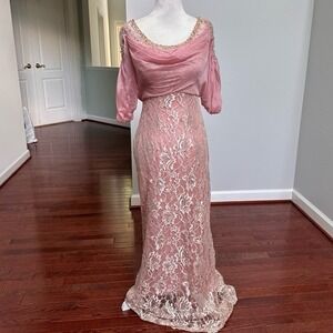 Montage by Mon Cheri Dusty Pink Lace Beaded Embellished Formal‎ Gown Dress